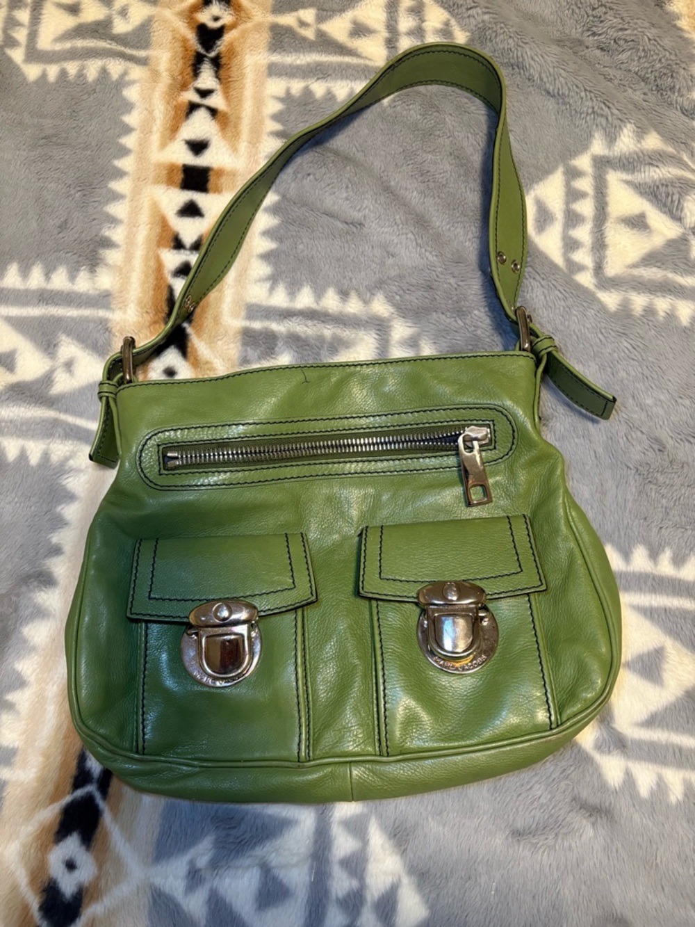 Marc Jacobs Olive Green Leather Shoulder Bag with Front Pockets